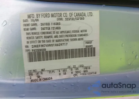 2001 Mercury Grand Marquis Gs z USA, uszkodzony, nr VIN 2MEFM74W01X629717